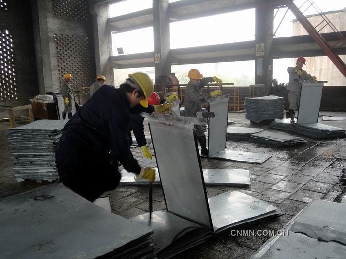 華錫來冶公司2012年元月0#鋅產(chǎn)出率達(dá)78%，超出集團(tuán)公司當(dāng)月考核任務(wù)的28%，為2012年安全、質(zhì)量生產(chǎn)工作打開良好勢頭。圖為電解員工按標(biāo)準(zhǔn)化操作要求進(jìn)行剝鋅工作